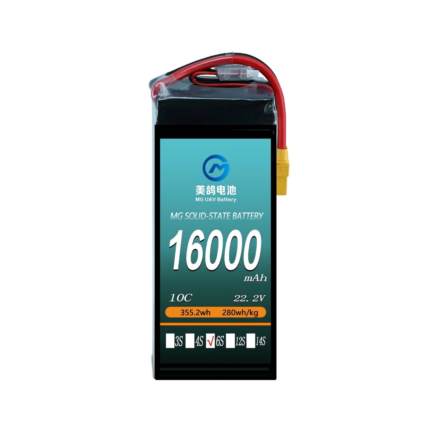 MG UAV Solid-State Lipo Battery, MG solid-state battery: 16000mAh, 10C, 22.2V, 355.2Wh, 280Wh/kg, 6S—high energy density, ideal for drones and high-performance applications.