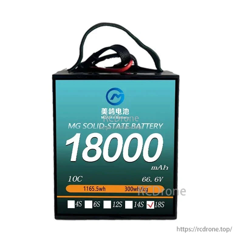 MG UAV Solid-State Lipo Battery, High-capacity 18000mAh MG solid-state battery, 66.6V, 1165.5Wh, 300Wh/kg energy density, 18S configuration, ideal for UAV drones requiring long flight times and reliable power.