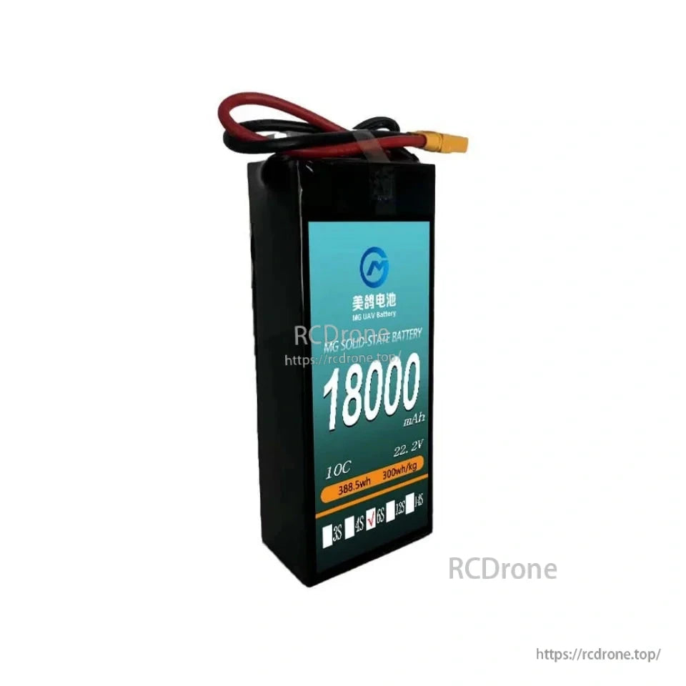 MG UAV Solid-State Lipo Battery, MG 18000mAh 22.2V 6S solid-state battery, 388.5Wh, 300Wh/kg energy density, 10C discharge, ideal for UAVs, drones, and RC airplanes.