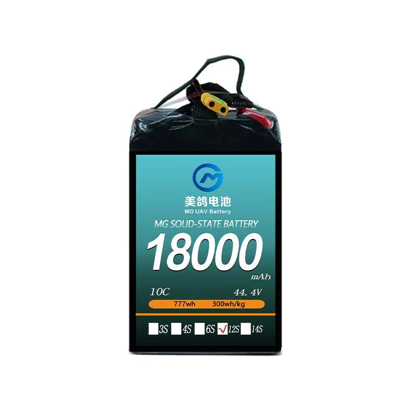 MG UAV Solid-State Lipo Battery, MG solid-state battery: 18000mAh, 10C, 44.4V, 777Wh, 300Wh/kg energy density, 12S configuration—high-capacity, lightweight power solution for drones and high-performance applications.