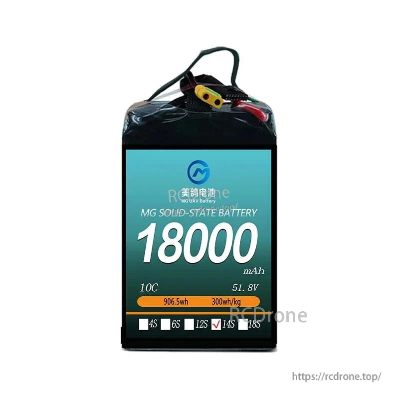 MG UAV Solid-State Lipo Battery, MG solid-state battery: 18000mAh, 10C, 51.8V, 906.5Wh, 300Wh/kg energy density, 14S configuration—high-capacity, lightweight power solution for advanced drone applications.