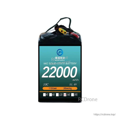 MG UAV Solid-State Lipo Battery, High-capacity 51.8V MG solid-state battery, 22000mAh, 1139.6Wh, 280Wh/kg, designed for heavy-duty drones with reliable 10C discharge performance.