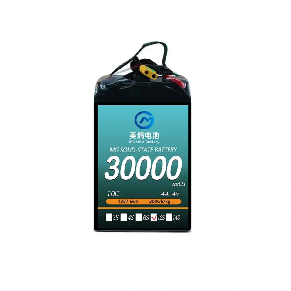 MG UAV Solid-State Lipo Battery, MG solid-state battery: 30000mAh, 10C, 44.4V, 12S, 1387.6Wh capacity, 300Wh/kg energy density—high-performance power for drones and advanced applications.