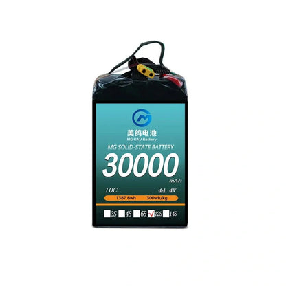 MG UAV Solid-State Lipo Battery, MG solid-state battery: 30000mAh, 10C, 44.4V, 12S, 1387.6Wh capacity, 300Wh/kg energy density—high-performance power for drones and advanced applications.