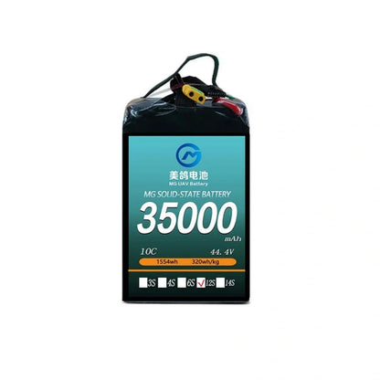 MG UAV Solid-State Lipo Battery, High-capacity MG solid-state battery: 35000mAh, 44.4V, 1554Wh, 320Wh/kg, supports 6S–24S, ideal for UAVs, drones, and RC applications.