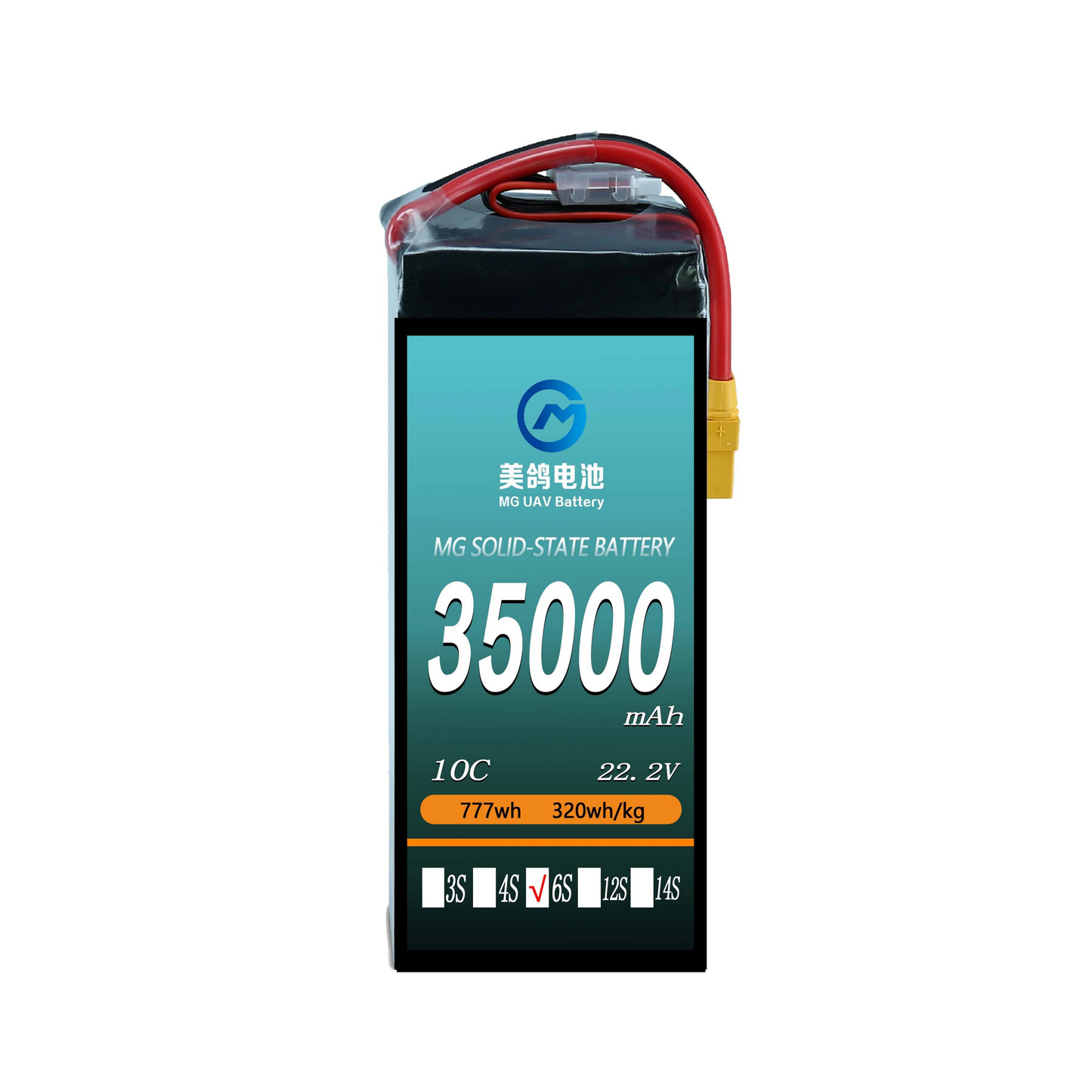 MG UAV Solid-State Lipo Battery, MG solid-state battery: 35000mAh, 10C, 22.2V, 777Wh, 320Wh/kg energy density, 6S configuration—high capacity and efficiency for advanced drone applications.