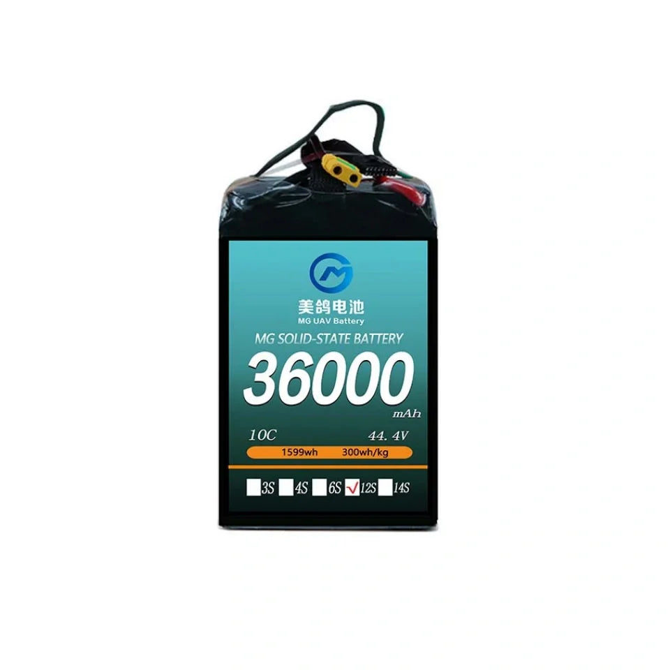 MG UAV Solid-State Lipo Battery, High-capacity 36000mAh MG solid-state battery, 44.4V 12S, 10C discharge, 300Wh/kg energy density, ideal for UAVs and RC drones.