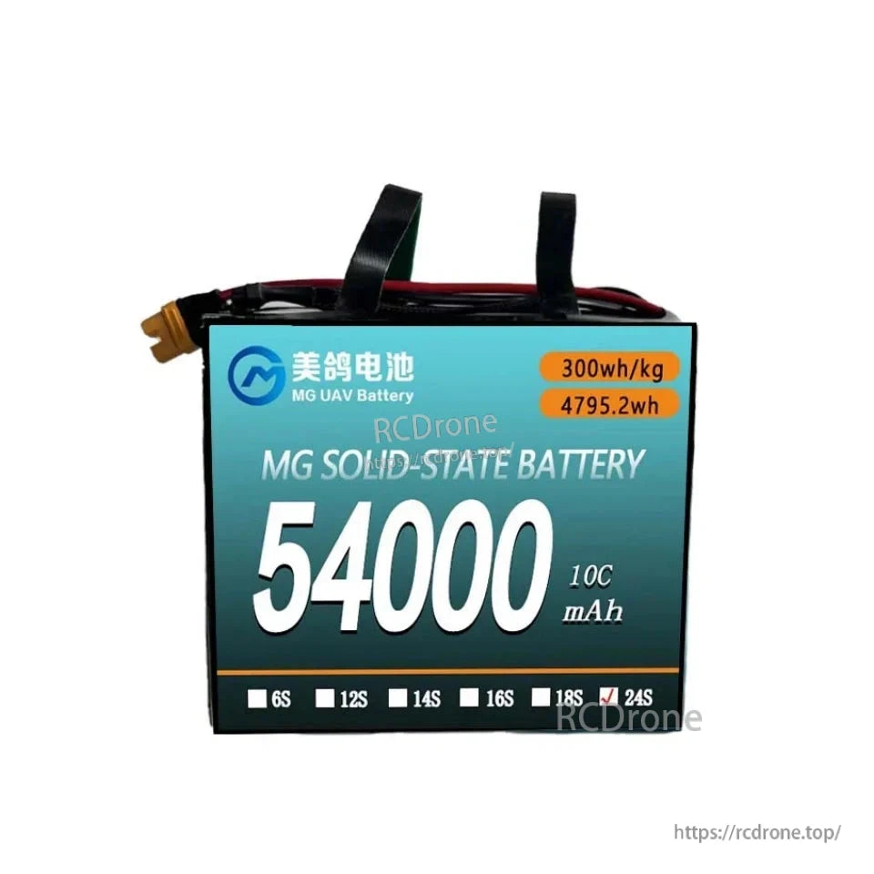 MG UAV Solid-State Lipo Battery, MG solid-state battery: 54000mAh, 10C, 300Wh/kg, 4795.2Wh, 6S–24S options, ideal for UAVs, drones, and RC use.