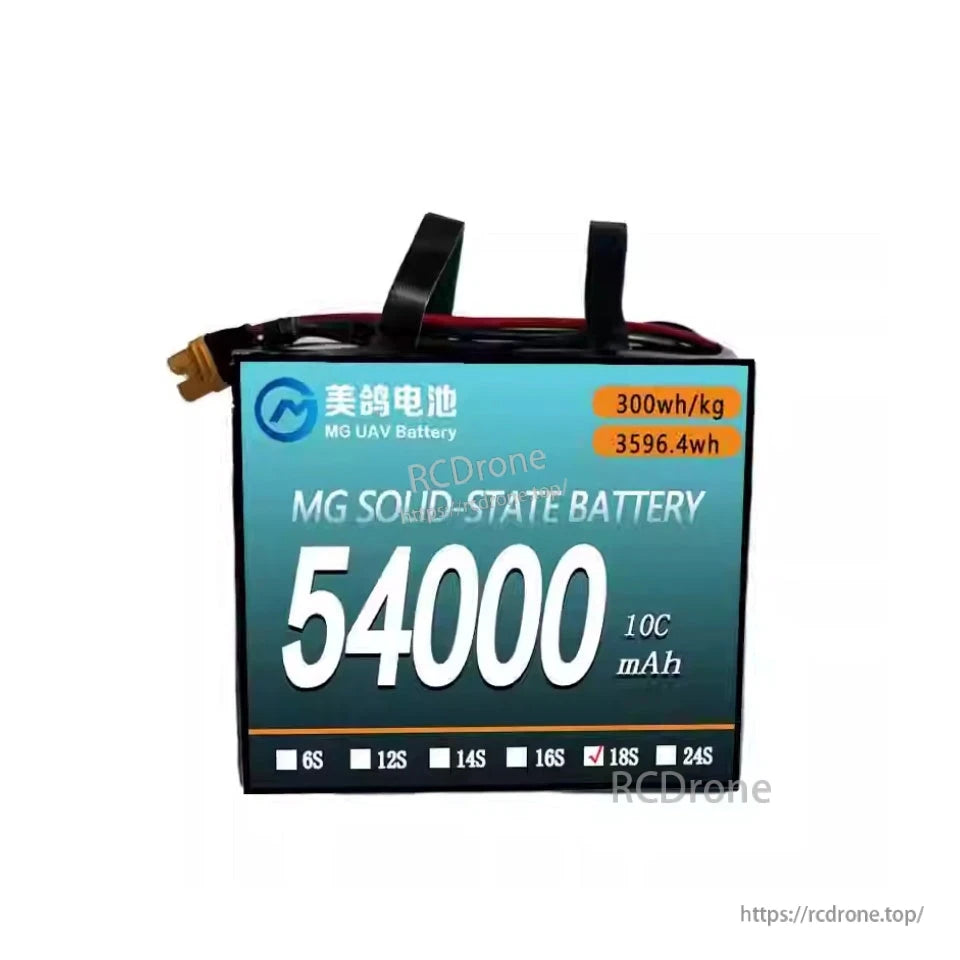 MG UAV Solid-State Lipo Battery, MG solid-state battery: 54000mAh, 18S, 300Wh/kg, 3596.4Wh capacity. Ideal for UAVs and drones—high energy density, reliable in demanding environments.