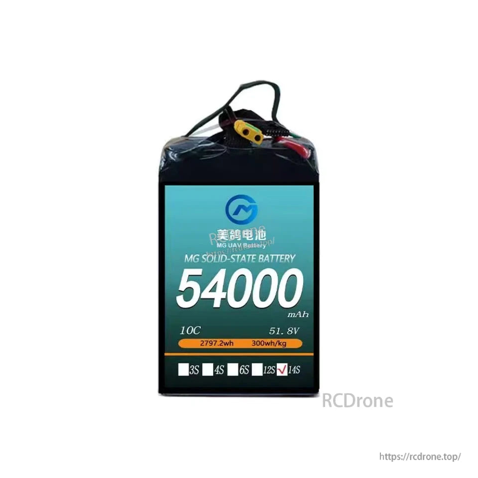 MG UAV Solid-State Lipo Battery, MG solid-state battery: 54000mAh, 10C, 51.8V, 2797.2Wh, 300Wh/kg, 14S, designed for high-performance UAV drone applications.