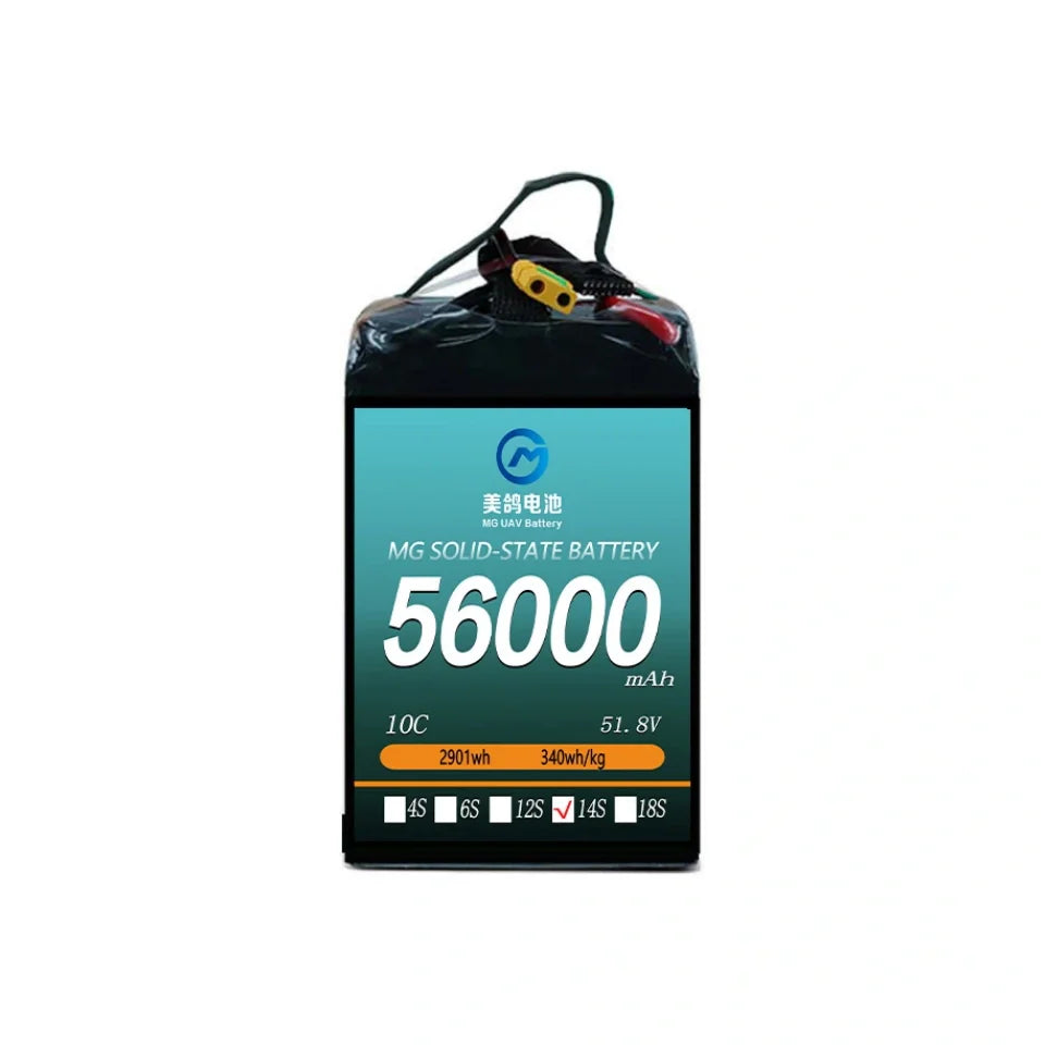MG UAV Solid-State Lipo Battery, MG solid-state battery: 56000mAh, 10C, 51.8V, 2901Wh, 340Wh/kg, 14S—high energy density, ideal for advanced drone applications.