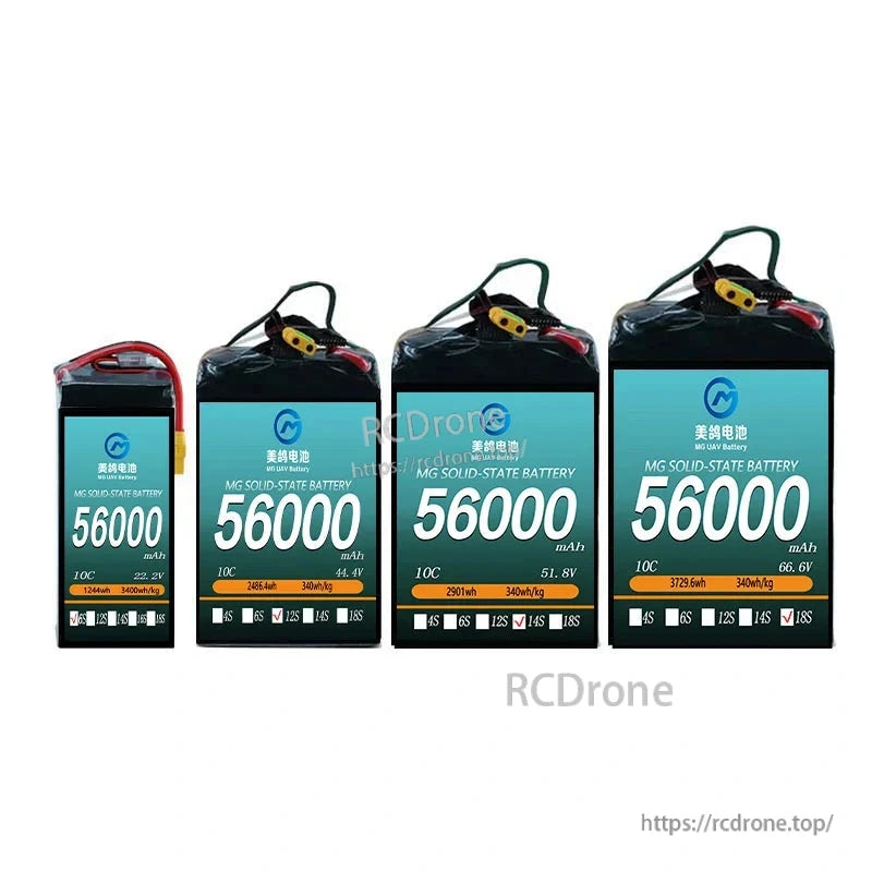 MG UAV Solid-State Lipo Battery, MG solid-state battery: 56000mAh, 10C, 6S–18S, 22.2–66.6V, 340Wh/kg; high capacity and energy density for extended heavy-load UAV flight.
