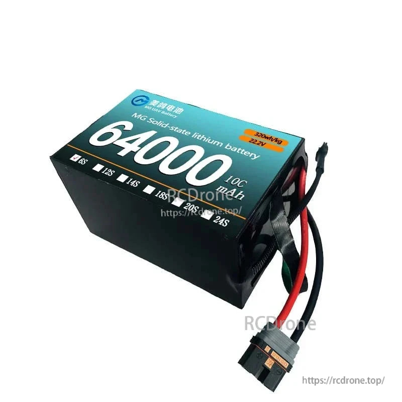 MG UAV Solid-State Lipo Battery, High-capacity MG solid-state lithium battery: 64000mAh, 10C, 6S-24S, 22.2-88.8V, 320Wh/kg, ideal for UAVs, drones, and RC airplanes.
