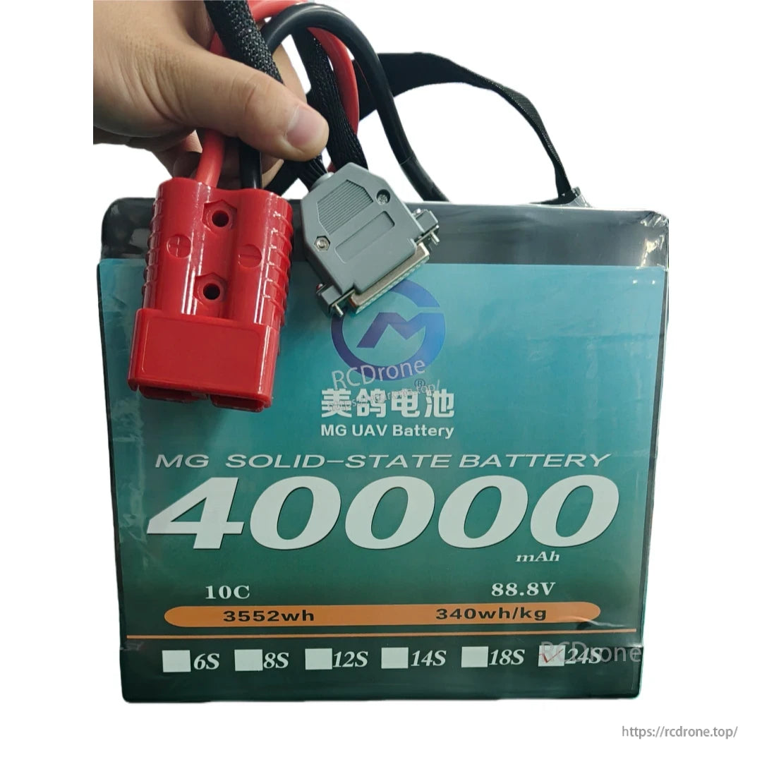 MG UAV Solid-State Lipo Battery, High-capacity 88.8V MG solid-state battery, 40000mAh, 340Wh/kg, designed for heavy-load, long-endurance UAVs with high energy density and efficiency.