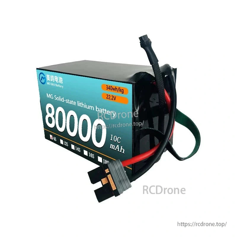 MG UAV Solid-State Lipo Battery, MG solid-state lithium battery: 80000mAh, 10C, 22.2V, 340Wh/kg, multiple configurations (6S–24S), ideal for heavy-load, long-endurance UAVs.