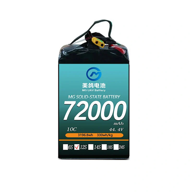 MG UAV Solid-State Lipo Battery, MG solid-state battery: 72000mAh, 10C, 44.4V, 3196.8Wh capacity, 330Wh/kg energy density, 12S configuration—high-performance power solution for advanced drone applications.
