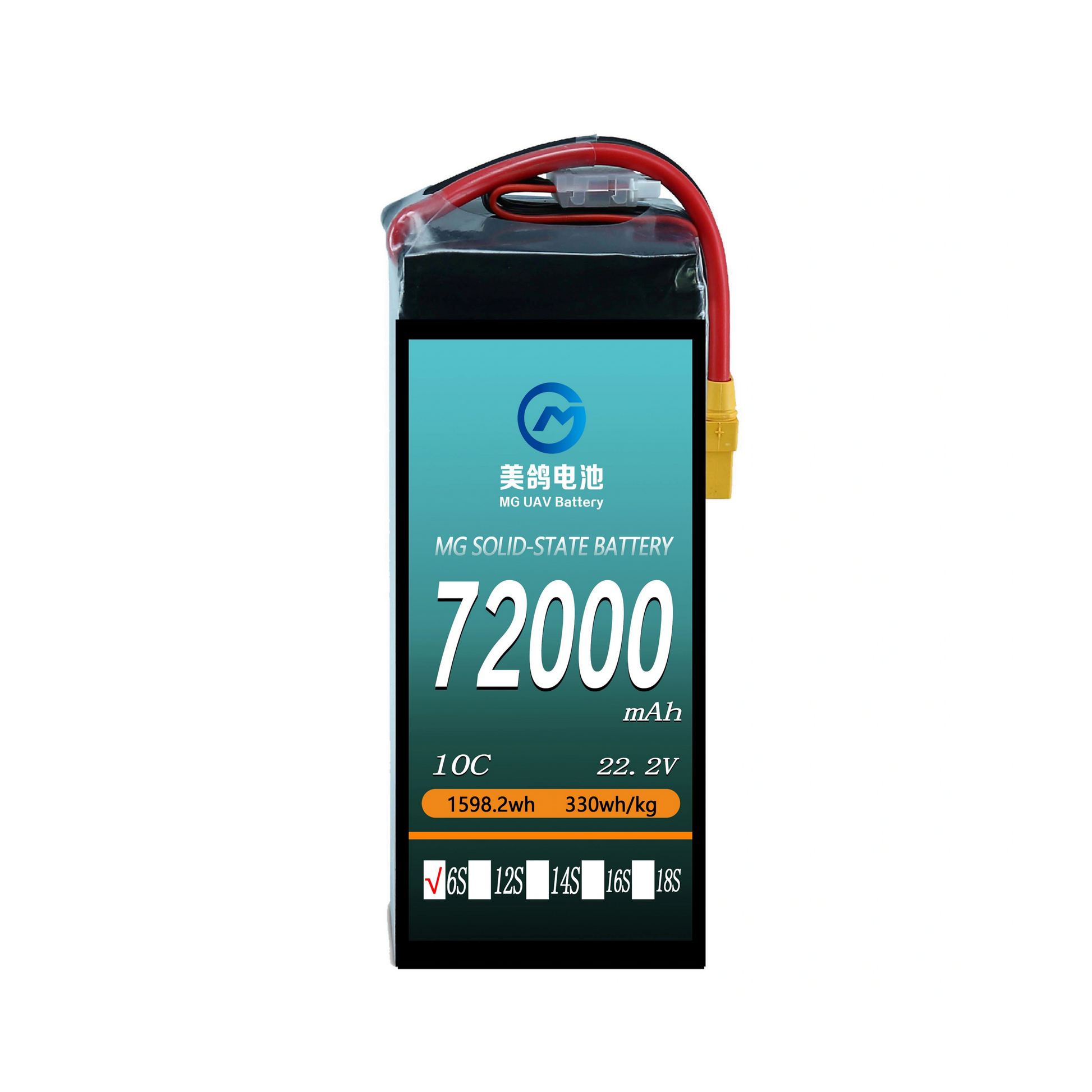 MG UAV Solid-State Lipo Battery, High-capacity MG solid-state battery: 72000mAh, 22.2V, 1598.2Wh, 330Wh/kg, 10C, 6S-18S options—ideal for heavy-load, long-endurance UAVs.