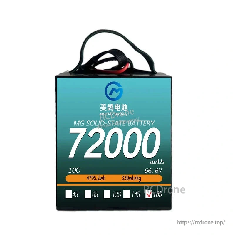 MG UAV Solid-State Lipo Battery, MG solid-state battery: 72000mAh, 66.6V, 4795.2Wh, 330Wh/kg, 18S, 10C—ideal for heavy-load, long-endurance UAVs.