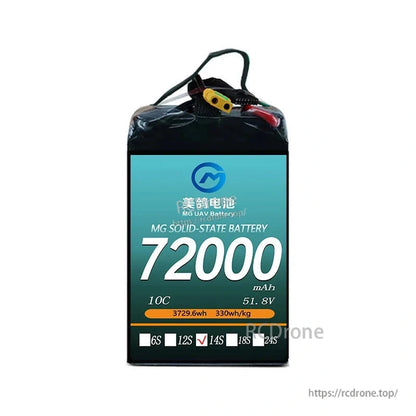 MG UAV Solid-State Lipo Battery, MG solid-state battery: 72000mAh, 10C, 51.8V, 3729.6Wh, 330Wh/kg, 14S—ideal for heavy-load, long-endurance UAVs.