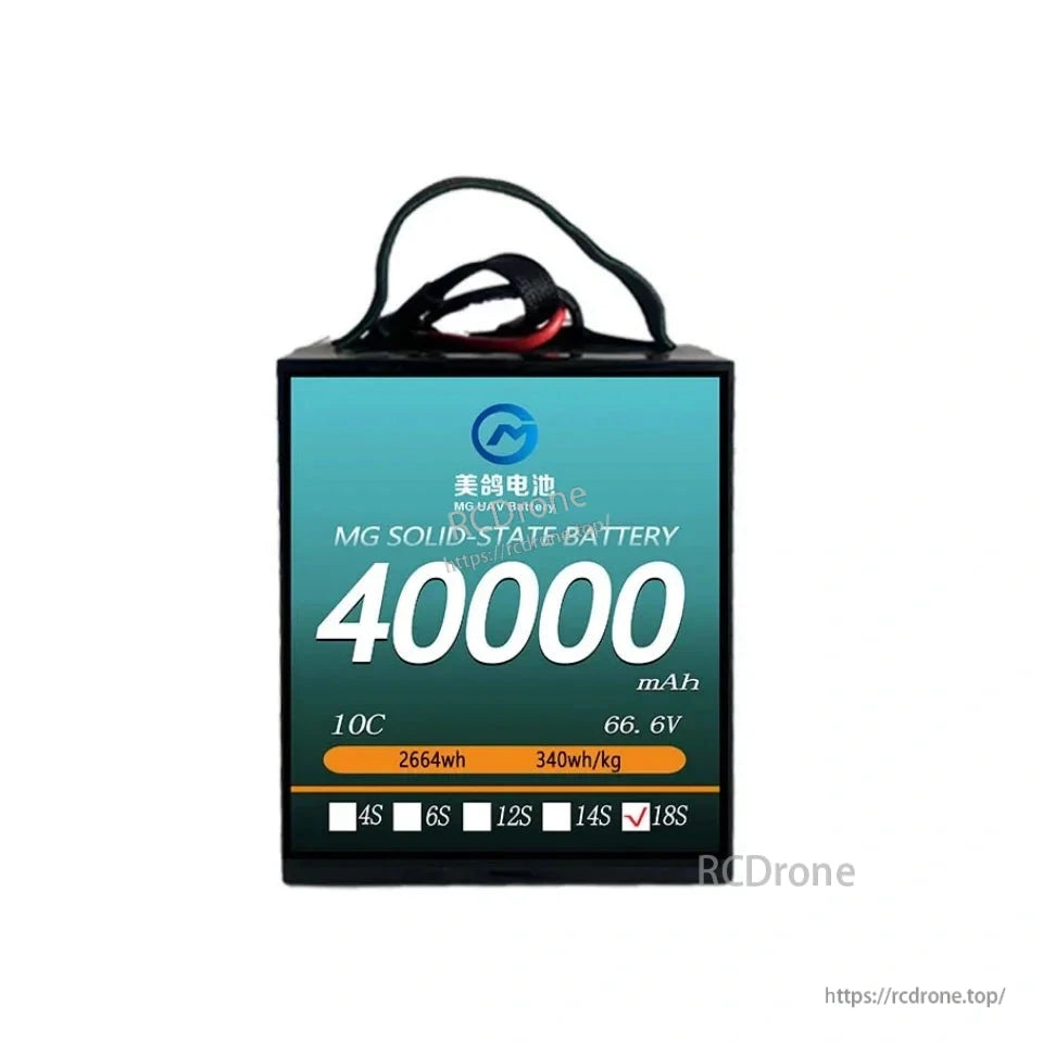 MG UAV Solid-State Lipo Battery, High-capacity 40000mAh MG solid-state battery, 66.6V, 2664Wh, 340Wh/kg, 18S, ideal for heavy-load, long-endurance UAVs with 10C discharge rate.
