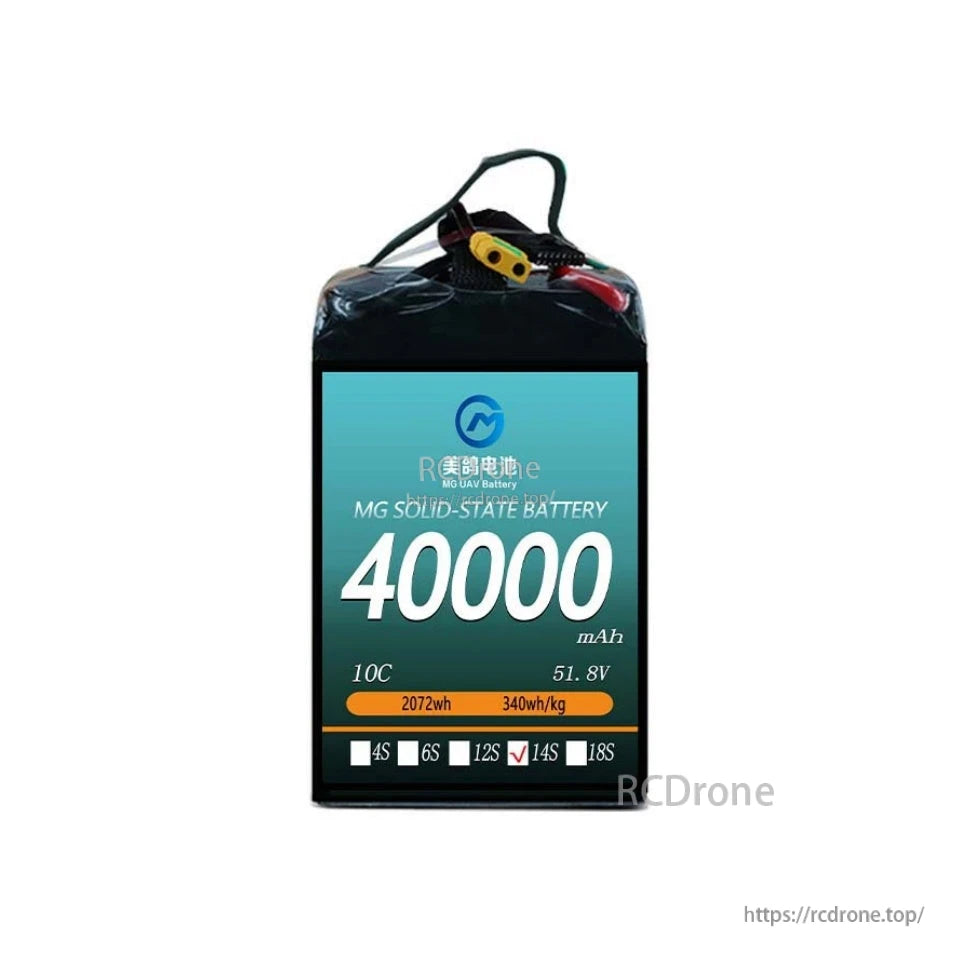 MG UAV Solid-State Lipo Battery, MG solid-state battery: 40000mAh, 51.8V, 2072Wh, 340Wh/kg, 14S, 10C—ideal for heavy-load, long-endurance UAVs due to high energy density and performance.