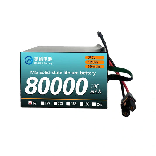 MG UAV Solid-State Lipo Battery, MG solid-state lithium battery: 80000mAh, 23.7V, 1896Wh, 320Wh/kg energy density, 10C discharge, compatible with 6S-24S configurations.