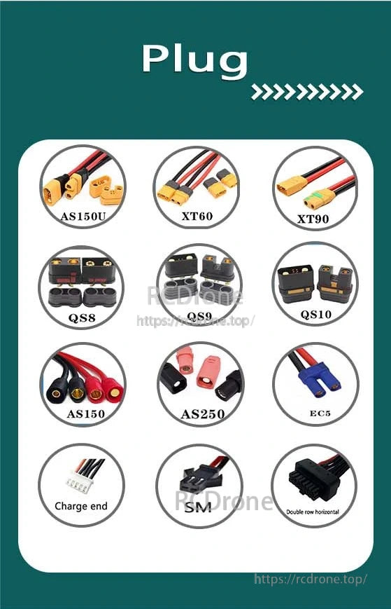MG UAV Solid-State Lipo Battery, MG UAV batteries support multiple plug types: AS150U, XT60, XT90, QS8, QS9, QS10, AS150, AS250, EC5, Charge end, SM, and Double row horizontal.
