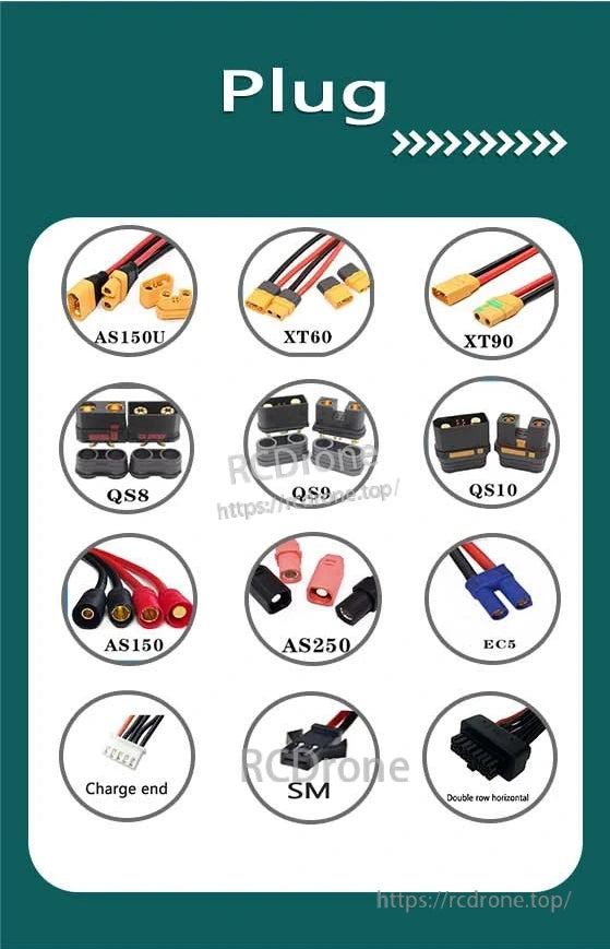 MG UAV Solid-State Lipo Battery, MG UAV Solid-State LiPo batteries support multiple plug types: AS150U, XT60, XT90, QS8, QS9, QS10, AS150, AS250, EC5, Charge end, SM, and Double row horizontal.