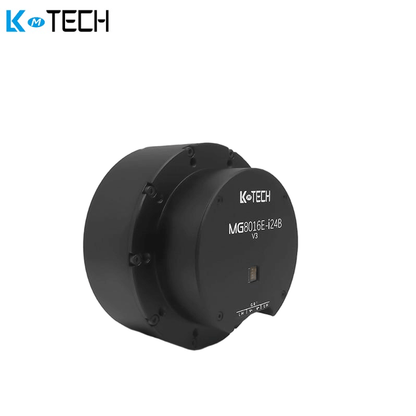 Angled view of LKMTECH MG8016E-i24B V3 motor and integrated gear reducer housing, black round enclosure