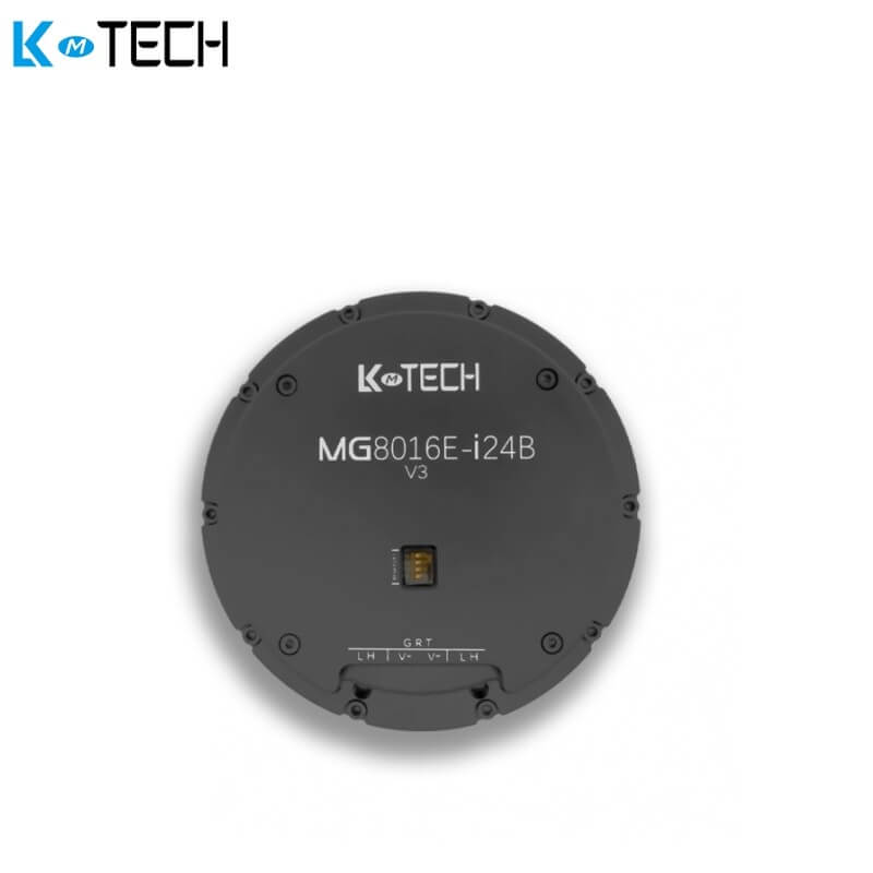 LKMTECH MG8016E-i24B V3 24V motor with gear reducer, top view showing model label and small status window
