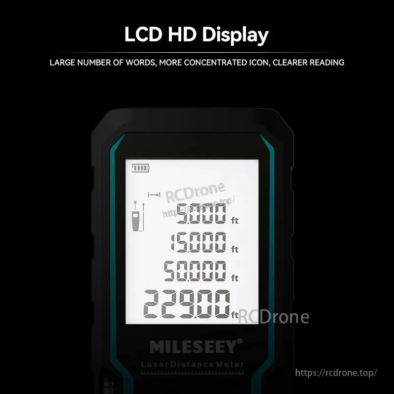 MILESEEY laser meter features an LCD HD display with large digits, icons, and battery indicator, ensuring high accuracy, durability, and clear readings in diverse conditions.