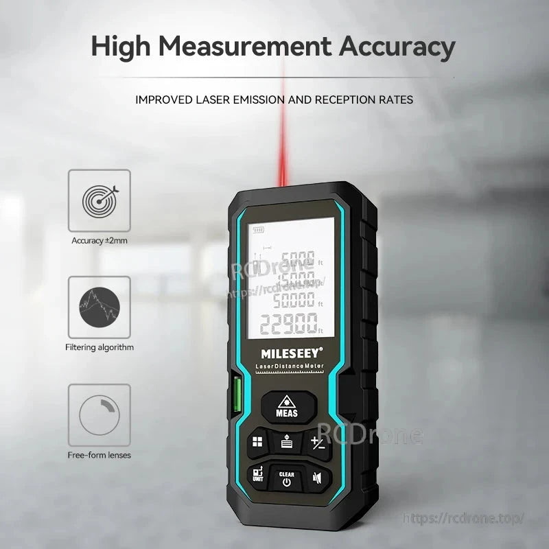 MILESEEY S6 Laser Distance Meter: ±2mm accuracy, 100m range, IP54 rated, with MEAS, CLEAR, UNIT, power buttons, advanced optics, and filtering algorithm.