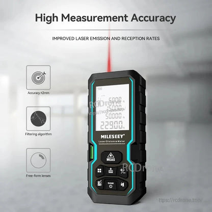 MILESEEY S6 Laser Distance Meter: ±2mm accuracy, 100m range, IP54 rated, with MEAS, CLEAR, UNIT, power buttons, advanced optics, and filtering algorithm.