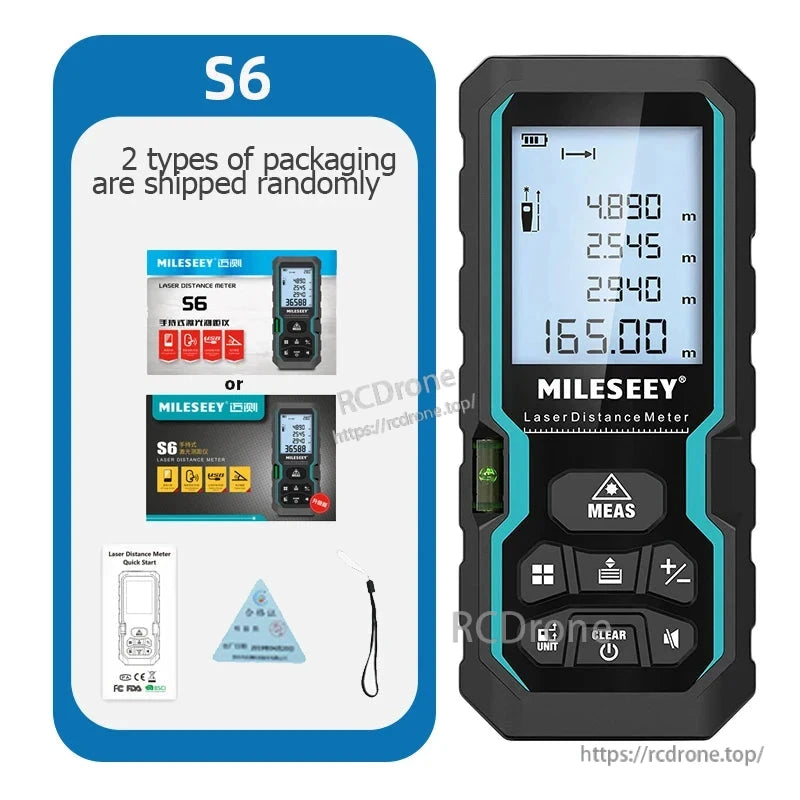 MILESEEY S6 laser distance meter measures up to 100m with ±2mm accuracy, IP54 rated, battery-powered, featuring area/volume calculation, data storage, and durable design for reliable use.