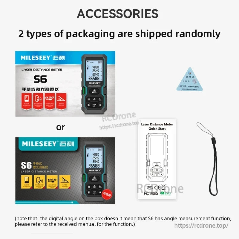MILESEEY S6 laser distance meter measures up to 100m with ±2mm accuracy, IP54 rated, Class 1M laser, includes guide and lanyard. Ships in two packaging types randomly.
