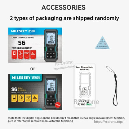 MILESEEY S6 laser distance meter measures up to 100m with ±2mm accuracy, IP54 rated, Class 1M laser, includes guide and lanyard. Ships in two packaging types randomly.