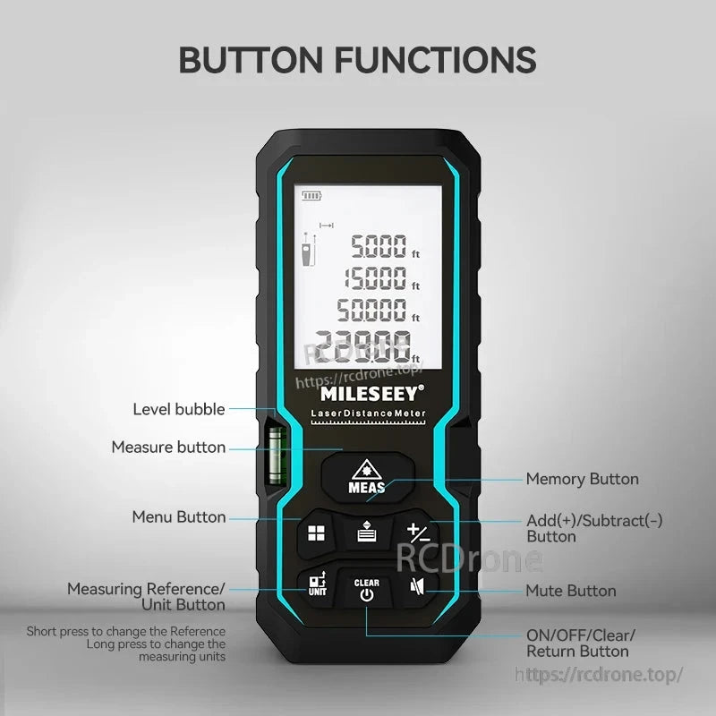 MILESEEY S6 laser distance meter features multiple functions, ±2 mm accuracy, IP54 rating, Class 1M laser, level bubble, unit options, and battery power.