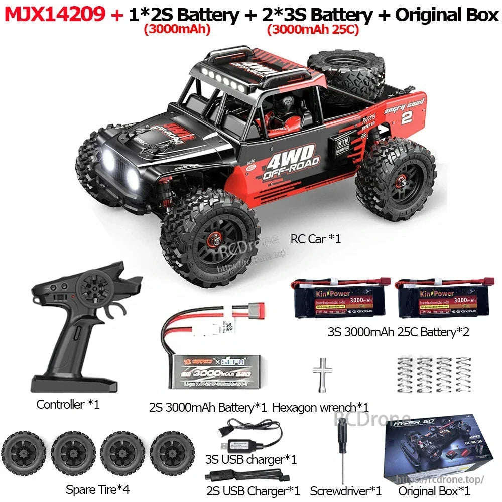 MJX 14209/14210 V3.0 1/14 Rc Car, MJX14209 4WD brushless RC off-road truck with metal chassis, 75km/h speed, 2.4G RTR, 45A ESC, 2852 motor, batteries, charger, tools, spare tires, and box included.