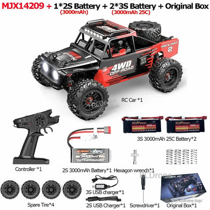 MJX 14209/14210 V3.0 1/14 Rc Car, MJX14209 4WD brushless RC off-road truck with metal chassis, 75km/h speed, 2.4G RTR, 45A ESC, 2852 motor, batteries, charger, tools, spare tires, and box included.