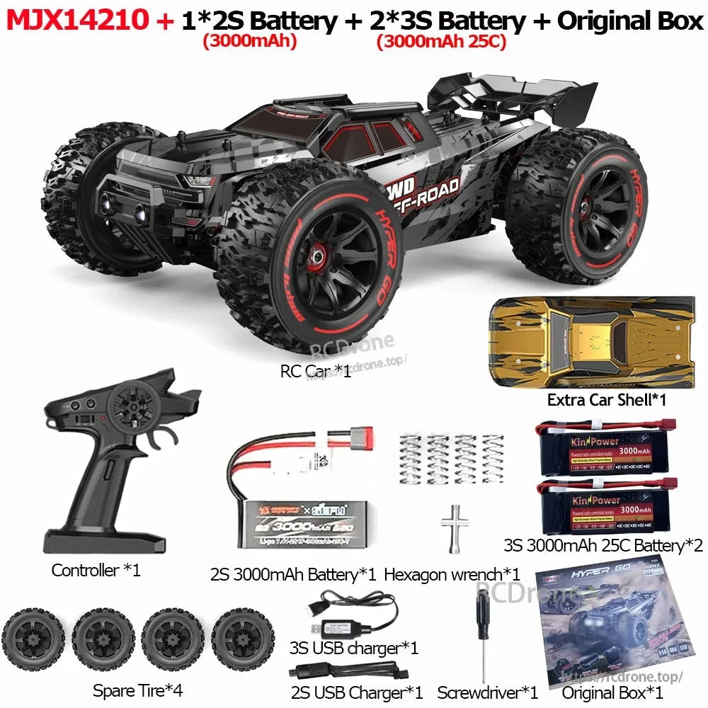MJX 14209/14210 V3.0 1/14 Rc Car, MJX14210 RC car: brushless 4WD, 75km/h, 2.4G RTR, 45A ESC, 2852 motor, metal chassis, includes batteries, controller, shell, tires, chargers, tools, and box.