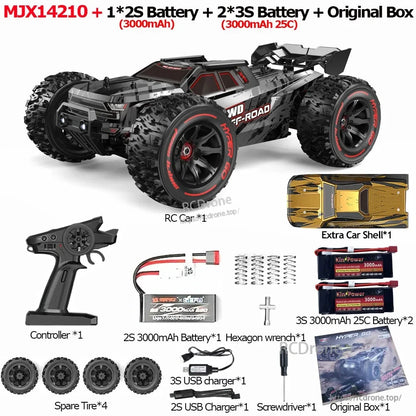 MJX 14209/14210 V3.0 1/14 Rc Car, MJX14210 RC car: brushless 4WD, 75km/h, 2.4G RTR, 45A ESC, 2852 motor, metal chassis, includes batteries, controller, shell, tires, chargers, tools, and box.