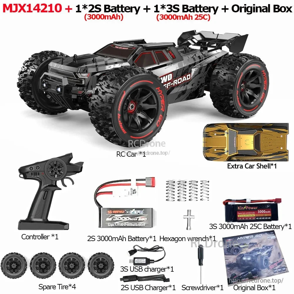 MJX 14209/14210 V3.0 1/14 Rc Car, MJX14210 RC car: brushless 4WD, 75km/h, 2.4G RTR, 45A ESC, 2852 motor, metal chassis, includes 2S/3S batteries, controller, shell, tires, chargers, tools, box.