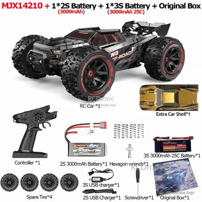 MJX 14209/14210 V3.0 1/14 Rc Car, MJX14210 RC car: brushless 4WD, 75km/h, 2.4G RTR, 45A ESC, 2852 motor, metal chassis, includes 2S/3S batteries, controller, shell, tires, chargers, tools, box.