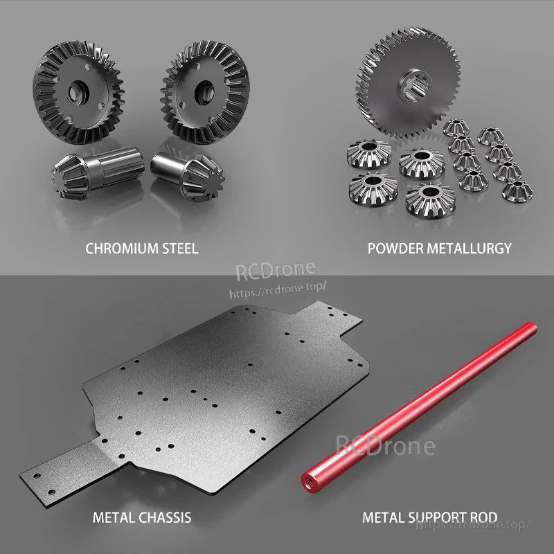 MJX 14209/14210 V3.0 1/14 Rc Car, RC car parts include chromium steel gears, powder metallurgy components, metal chassis, and metal support rod for durability and performance.