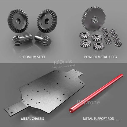 MJX 14209/14210 V3.0 1/14 Rc Car, RC car parts include chromium steel gears, powder metallurgy components, metal chassis, and metal support rod for durability and performance.