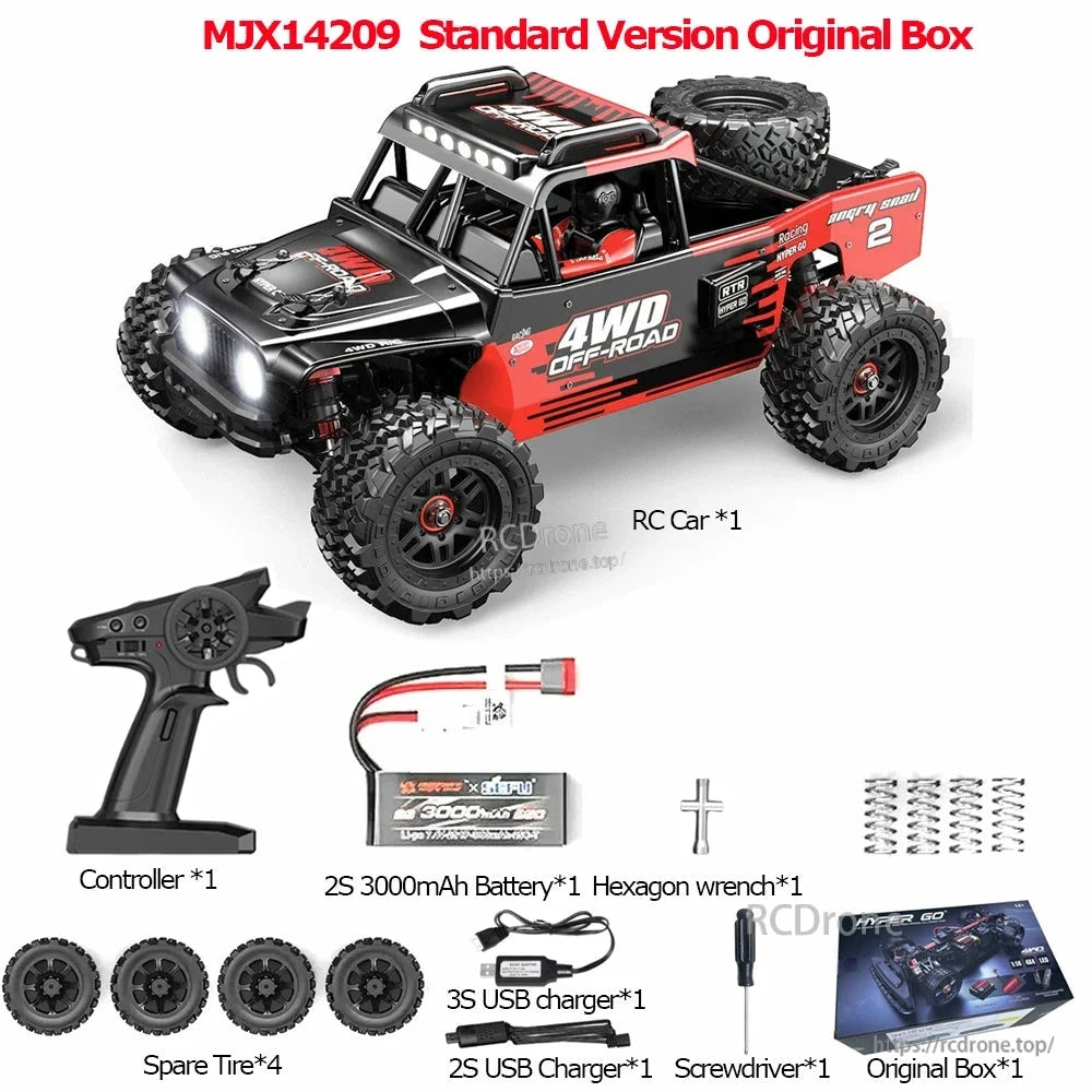MJX 14209/14210 V3.0 1/14 Rc Car, 1/14 scale 4WD brushless RC car with 75km/h speed, metal chassis, LED lights, RTR setup, battery, chargers, tools, spare parts, and original box—built for high-performance off-road driving.