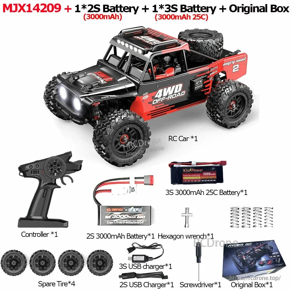MJX 14209/14210 V3.0 1/14 Rc Car, MJX14209 4WD brushless RC off-road truck, 75km/h speed, metal chassis, includes batteries, charger, controller, spare parts, and box.