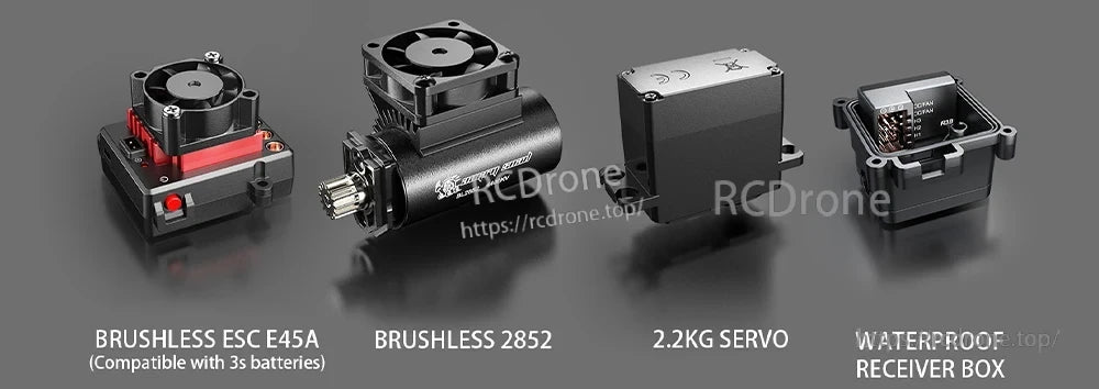 MJX 14209/14210 V3.0 1/14 Rc Car, Brushless ESC E45A, 2852 motor, 2.2kg servo, and waterproof receiver box for durable, high-performance drone operation in wet conditions.