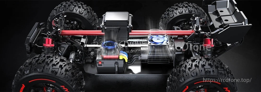 MJX 14209/14210 V3.0 1/14 Rc Car, The drivetrain features chromium steel and powder metallurgy gears on a metal chassis, with semi-metallic hydraulic shock absorbers.