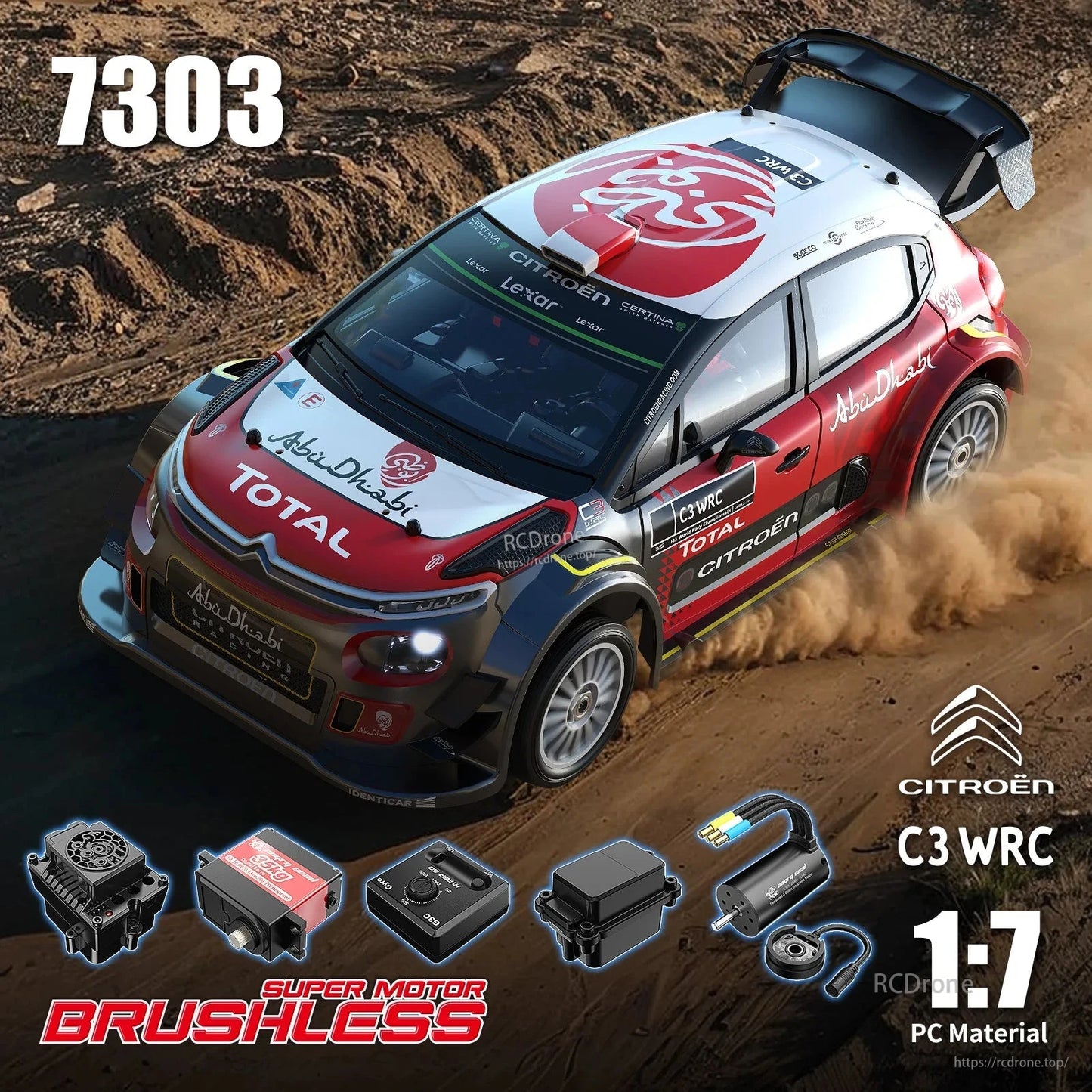 1:7 scale Citroën C3 WRC RC car with brushless motor, metal chassis, 4CH, 120m range. Includes branded components and essential electronics.
